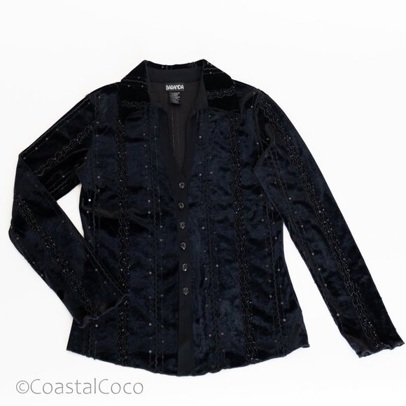 Baranda Vintage Velvet Top Blouse M Black Sequin Y2K Dark Whimsy Goth Vampy - Picture 5 of 12